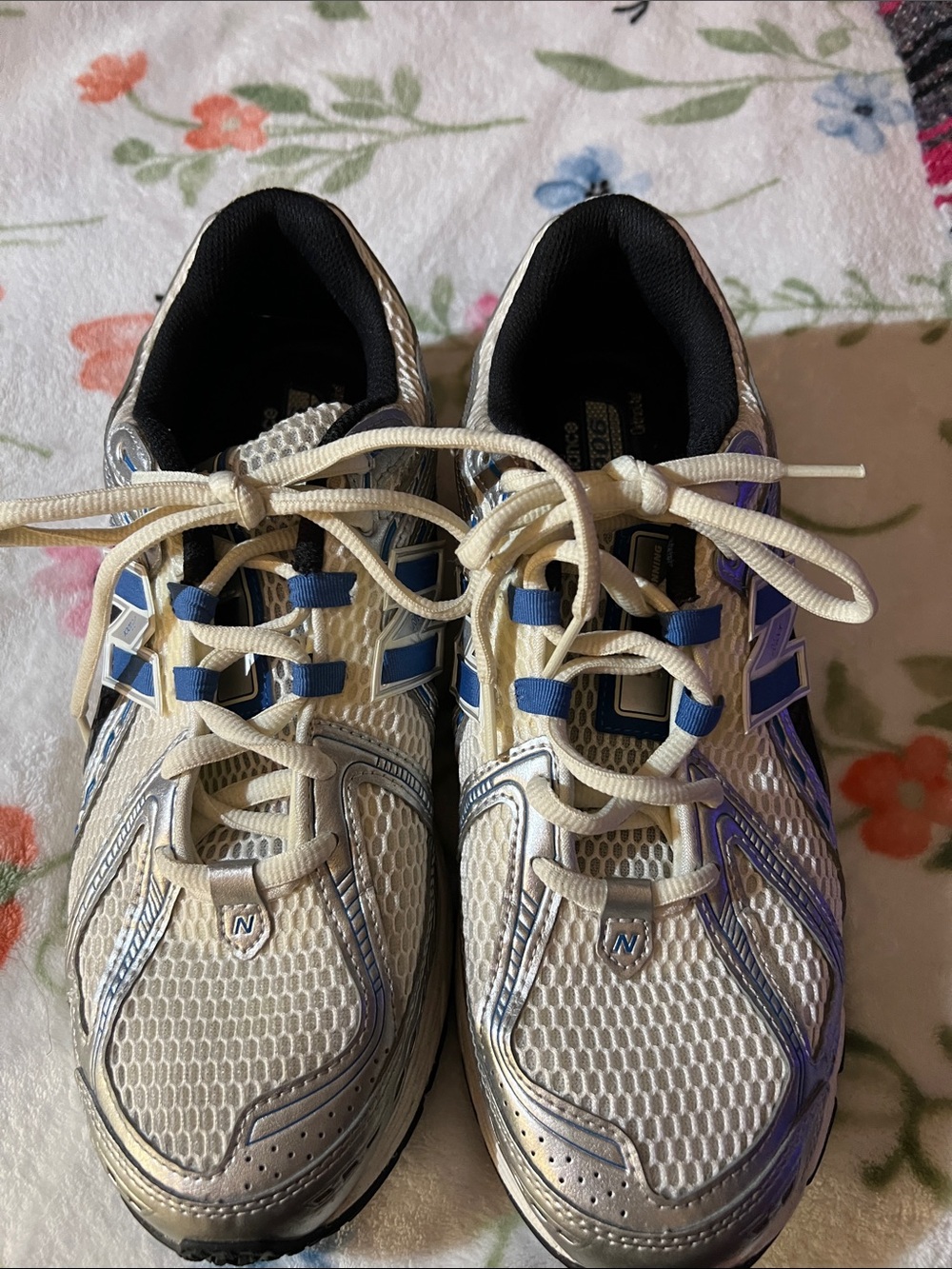New Balance Cream Mesh Sneakers with Blue Accents